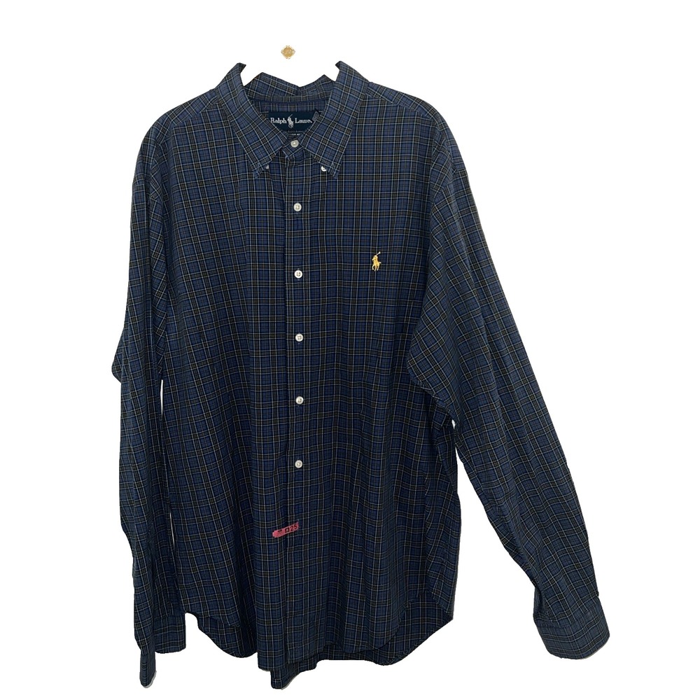 VTG Ralph Lauren Mens Shirt XL Blue Plaid Classic Fit Collar Yellow Pony Preppy
